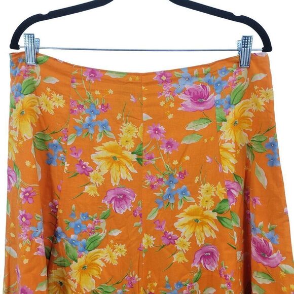 Vintage 90s Skirt 12 Orange Floral Cotton Paneled Tea Length A-line Ruffle Hem - Picture 8 of 10